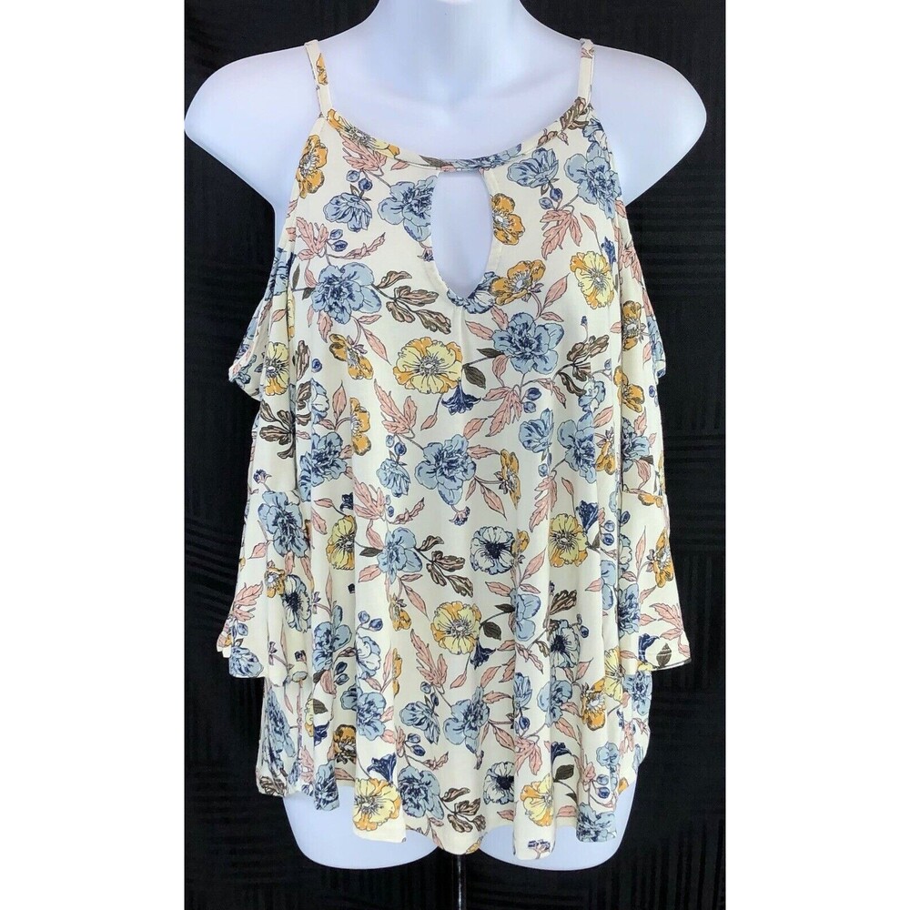 LUQ keyhole rayon knit top L ivory floral PeekaBoo Shoulder Flutter short sleeve